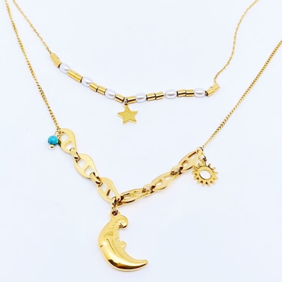 18k Moon charm necklace, beaded, chain, charms - Picture 3 of 4